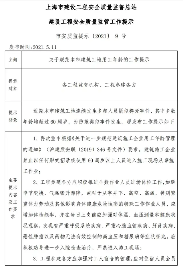 禁止60周岁以上人员从事施工作业！上海限制工地用工年龄